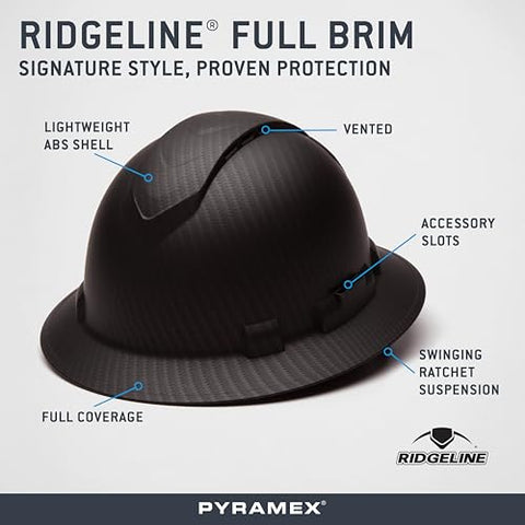 Ridgeline Pyramex full brim hard hat back view, secure fit with adjustable ratchet suspension.