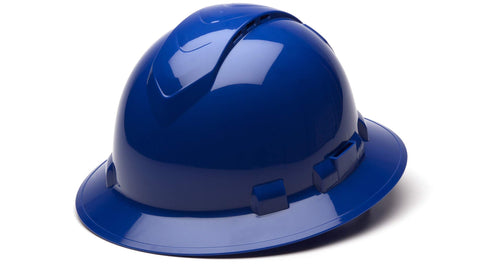 Ridgeline Pyramex full brim hard hat blue with vented design for cooling on site.