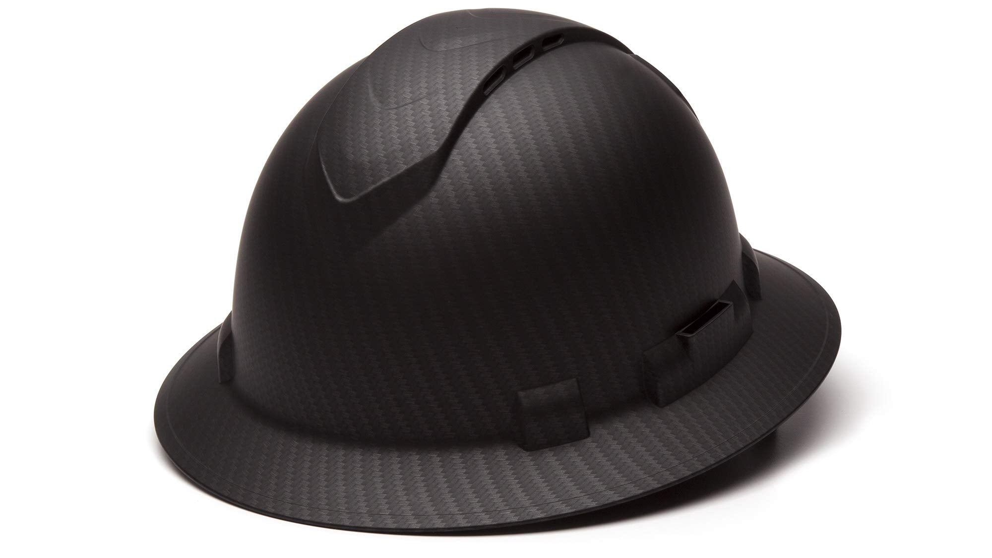 Ridgeline Pyramex full brim hard hat front view, lightweight protection for all-day comfort.