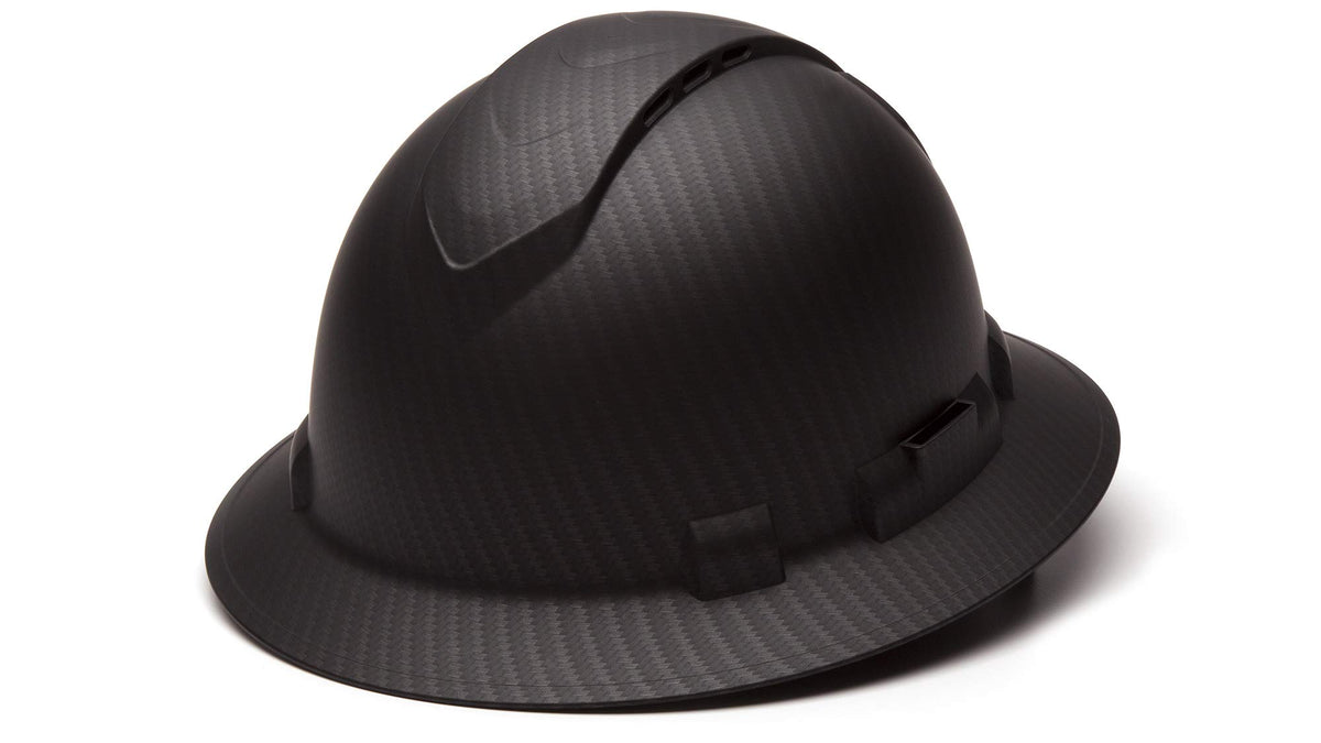 Ridgeline Pyramex full brim hard hat front view, lightweight protection for all-day comfort.