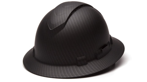 Ridgeline Pyramex full brim hard hat front view, lightweight protection for all-day comfort.
