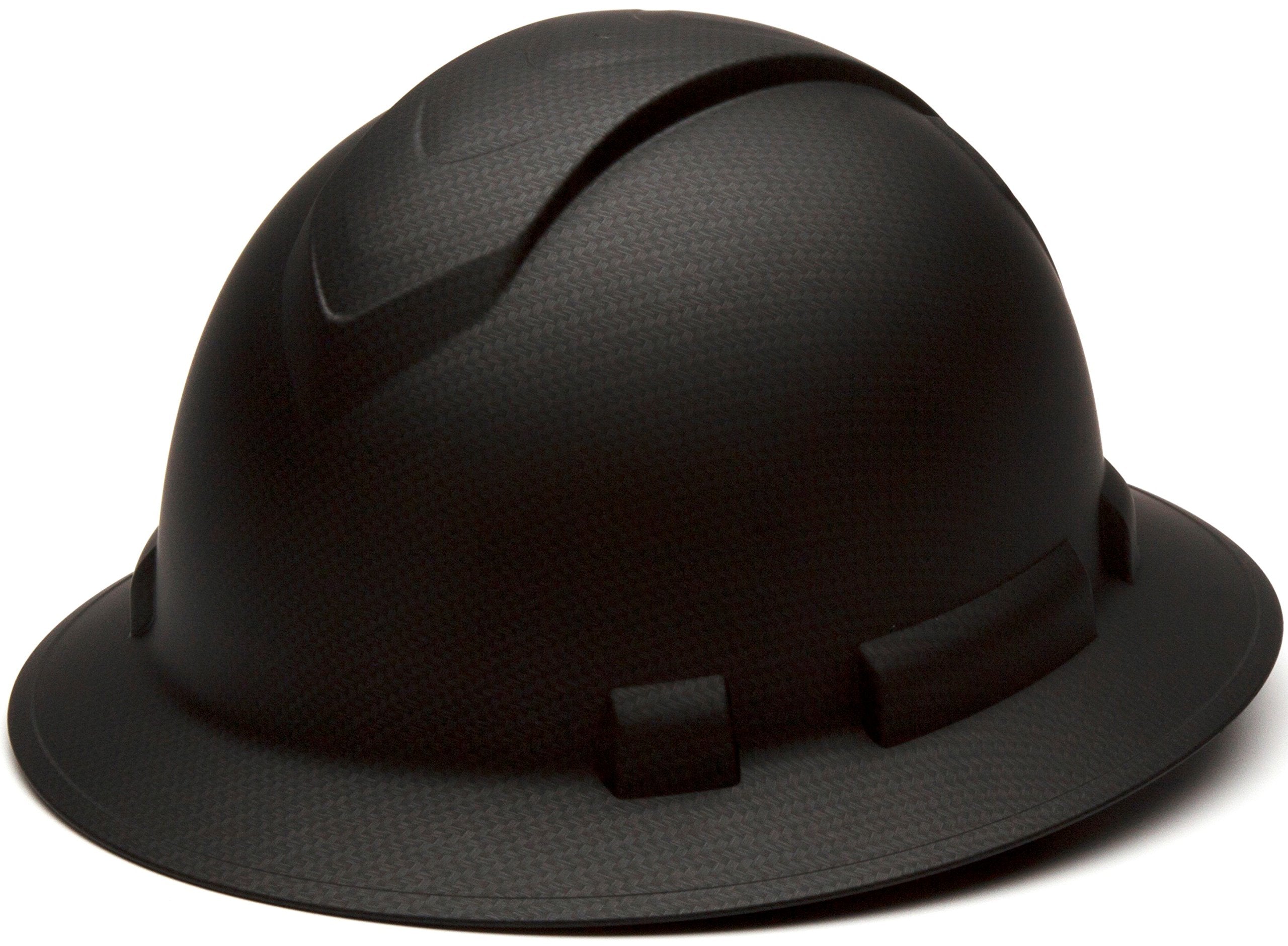 Ridgeline Pyramex full brim hard hat front view shows matte black graphite finish for durable site protection