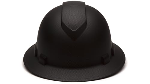 Ridgeline Pyramex full brim hard hat left side view demonstrates adjustable fit for extended wear