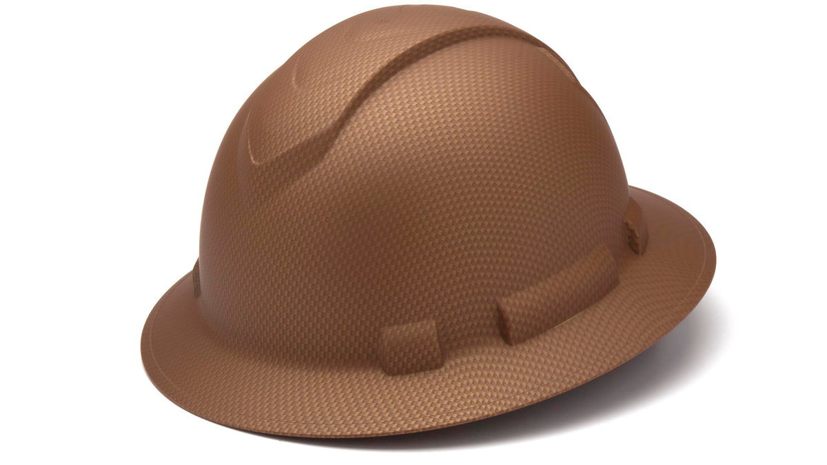 Ridgeline Pyramex full brim hard hat with matte copper-graphite pattern for durable head protection.