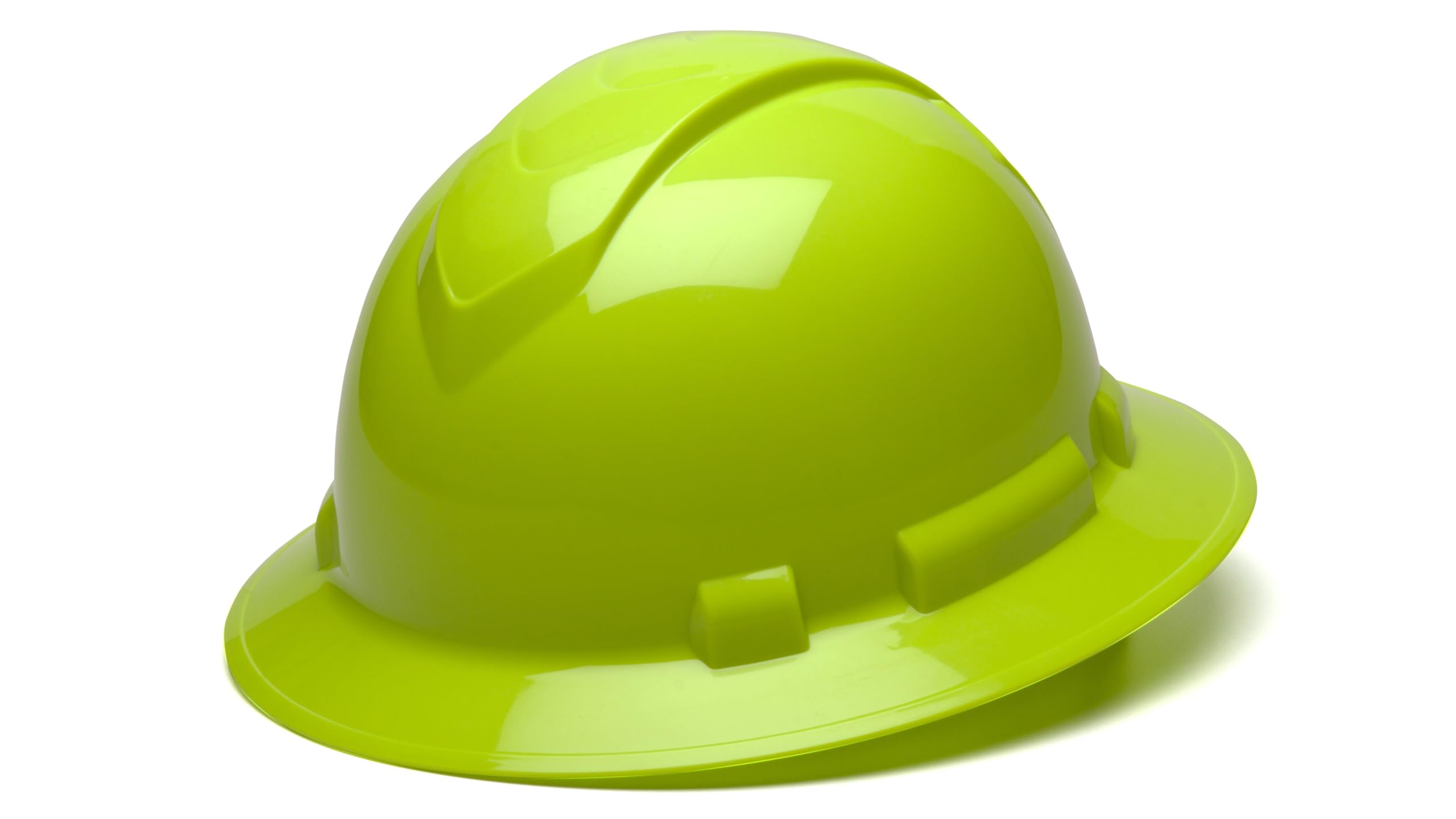 Ridgeline Pyramex full brim hat front view in lime for high-visibility safety.