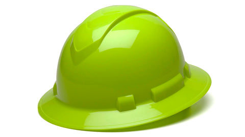 Ridgeline Pyramex full brim hat front view in lime for high-visibility safety.
