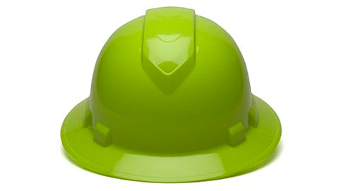 Ridgeline Pyramex full brim hat side view highlighting lime color for on-site visibility.