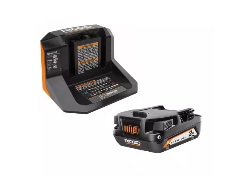RIDGID 18V battery 2-0Ah starter kit close-up, compact design for easy handling.