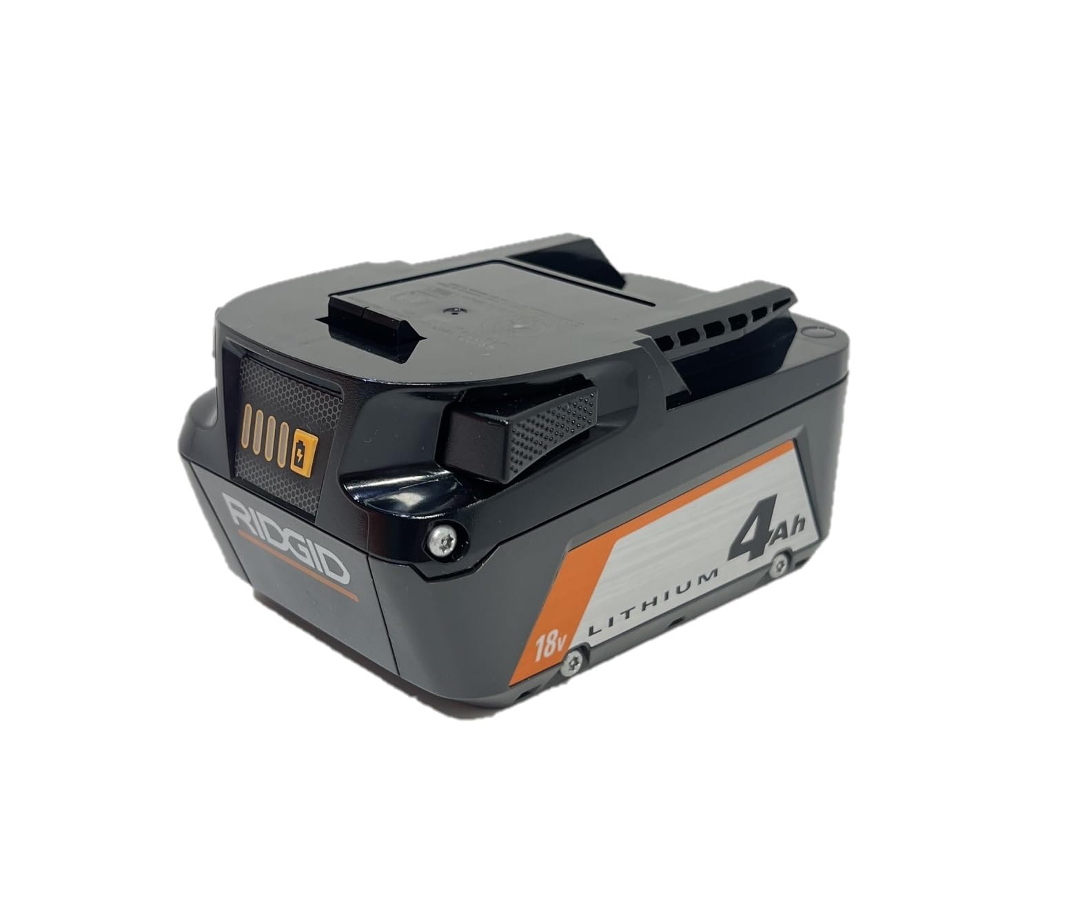 RIDGID 18V 4.0Ah battery front view shows compact power for extended use.