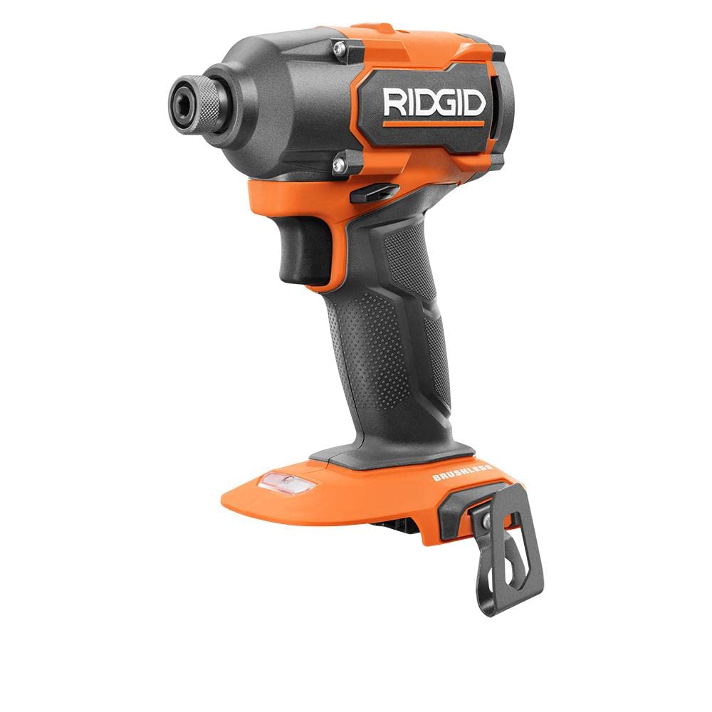 RIDGID 18V brushless impact driver front view with ergonomic grip for comfortable use.