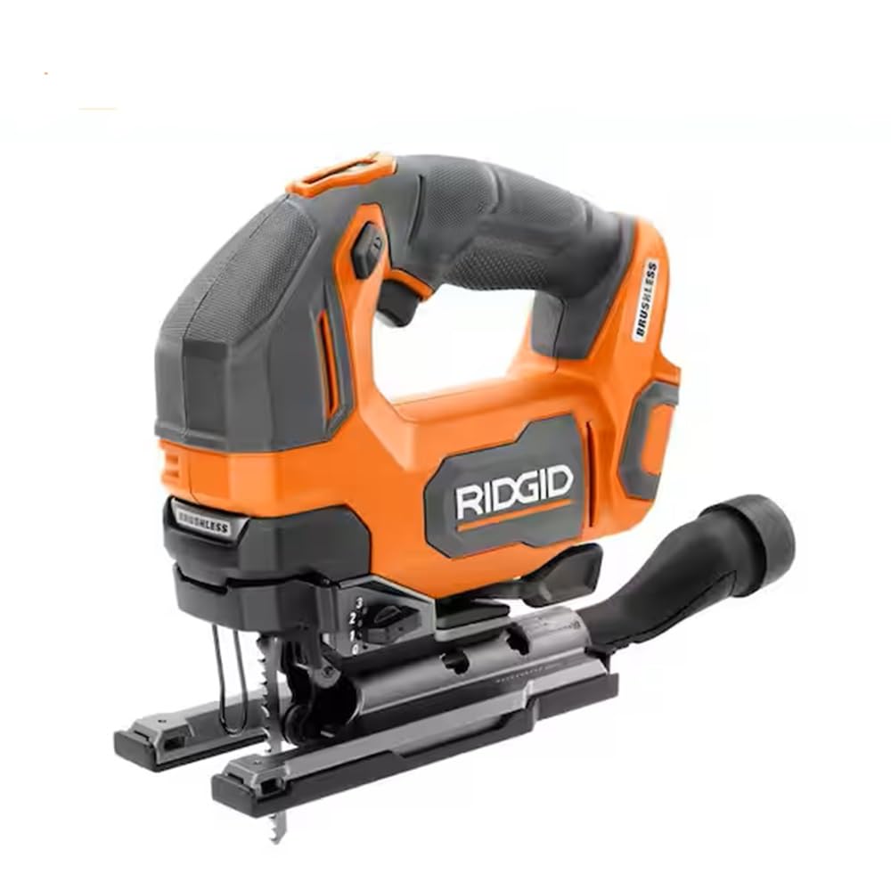 RIDGID 18V brushless jig saw in orange enables precise curved cuts and cordless versatility.