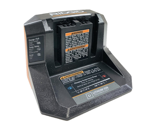 RIDGID 18V charging station in a busy workshop keeps tools ready.