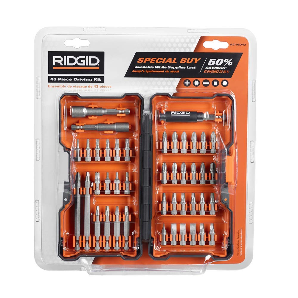 RIDGID 43-piece driving bit kit with hard case for quick fastening projects.