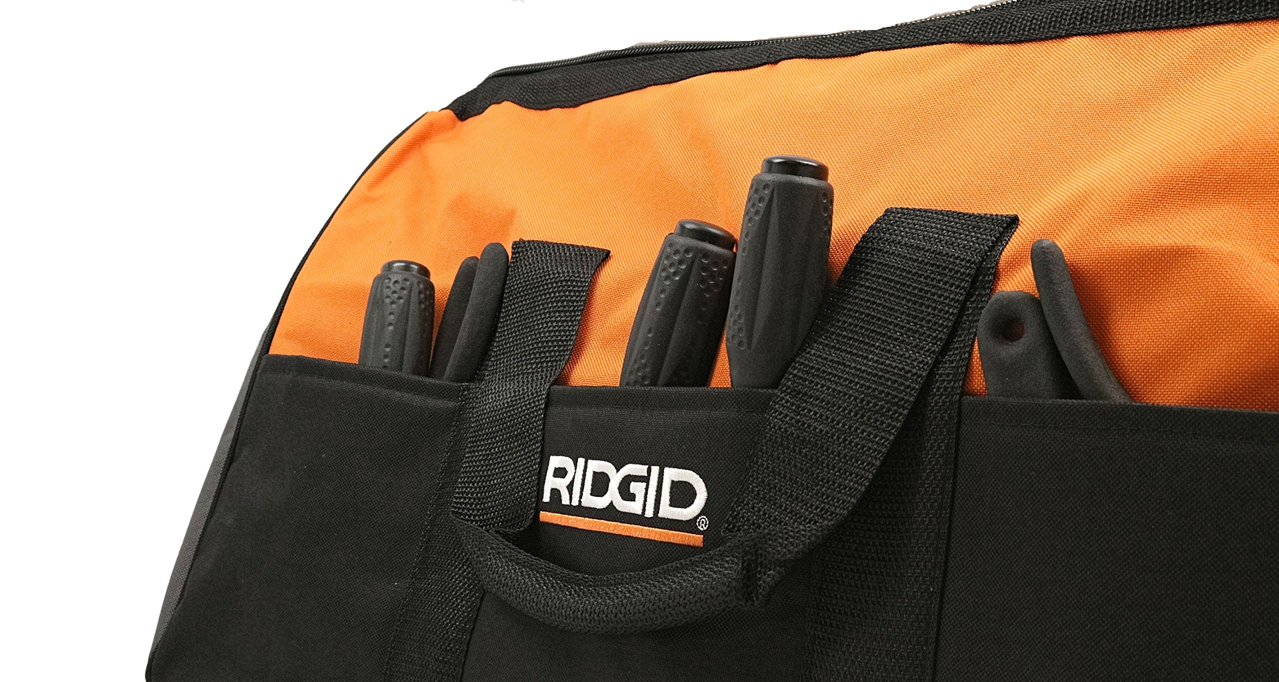 RIDGID contractor bag external pockets organize tools inside and outside for quick access.