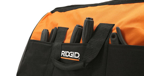 RIDGID contractor bag external pockets organize tools inside and outside for quick access.