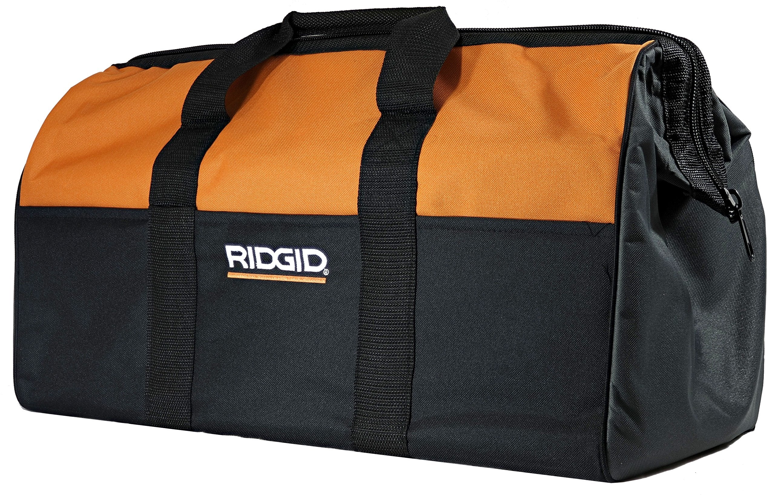 RIDGID canvas contractor bag front view with reinforced cross stitch handles for heavy tool loads.
