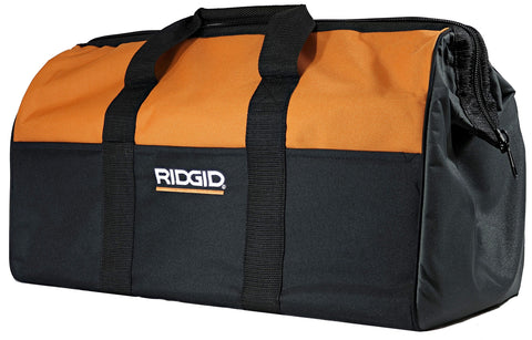 RIDGID canvas contractor bag front view with reinforced cross stitch handles for heavy tool loads.