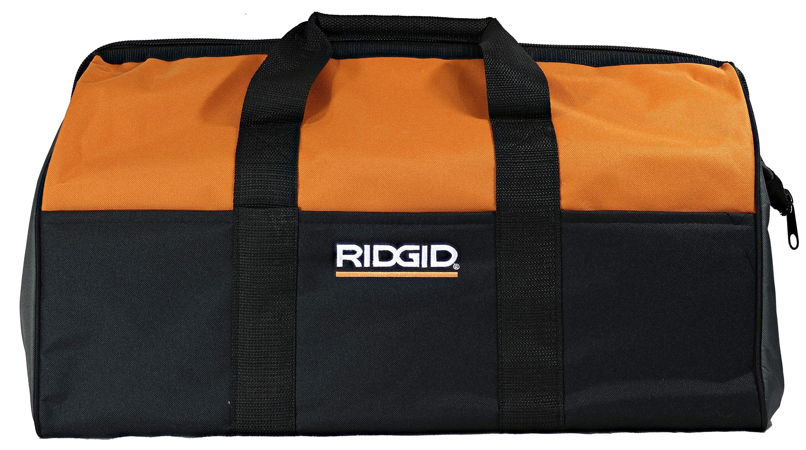RIDGID canvas bag with notched feet on floor for stability on job sites.