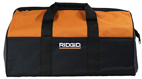 RIDGID canvas bag with notched feet on floor for stability on job sites.