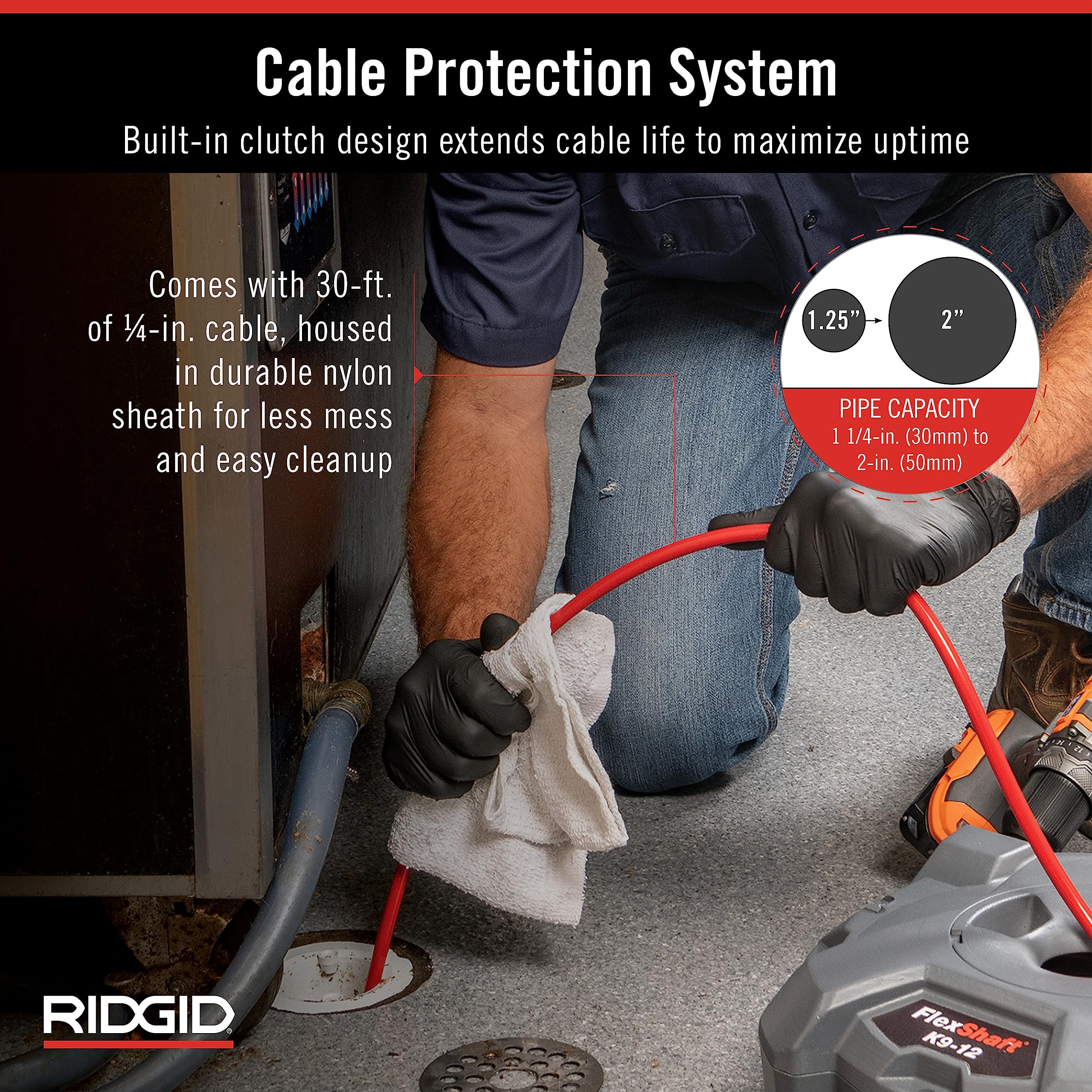 RIDGID K9-12 FlexShaft 30-foot cable reaches deep blockages.