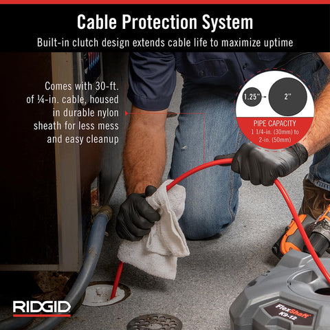 RIDGID K9-12 FlexShaft 30-foot cable reaches deep blockages.