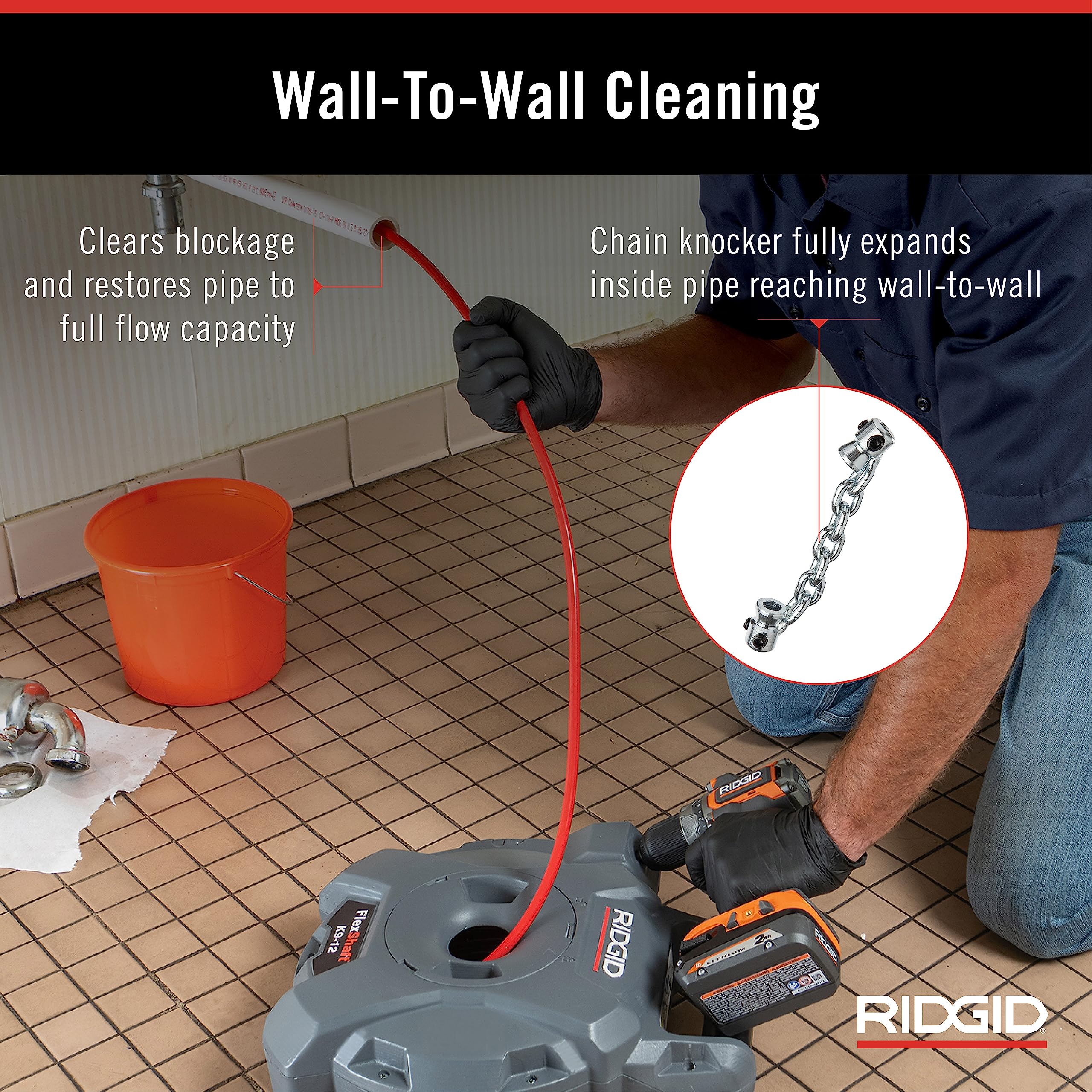 RIDGID K9-12 FlexShaft cordless drill setup illustrating 1800-2500 RPM compatibility.