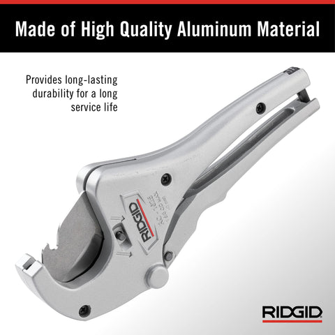 RIDGID RC-1625 in-use on PVC pipe for smooth, accurate cuts.