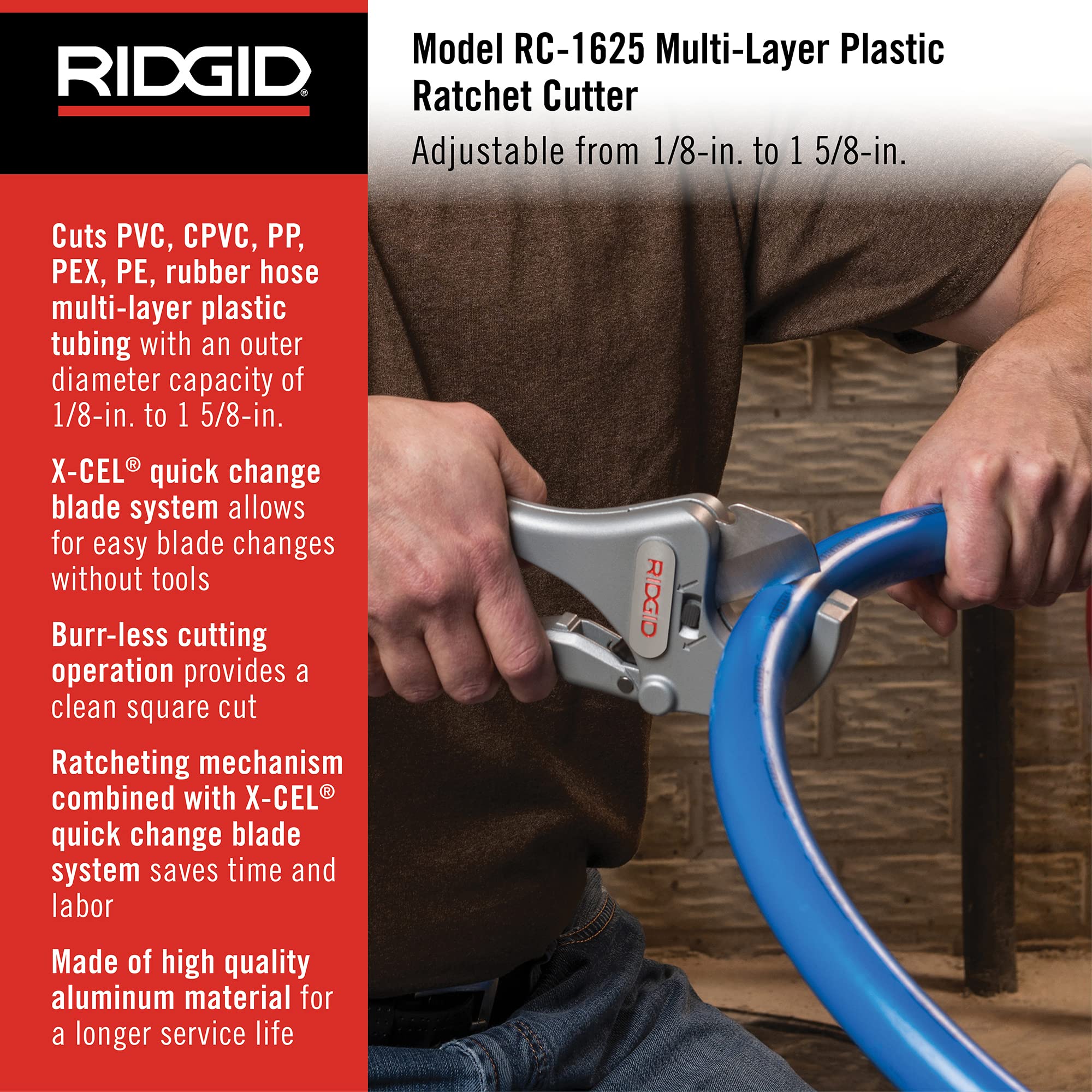 RIDGID RC-1625 replaceable X-CEL blade enables quick tool-less changes.