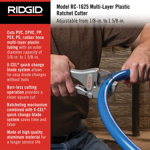 RIDGID RC-1625 replaceable X-CEL blade enables quick tool-less changes.