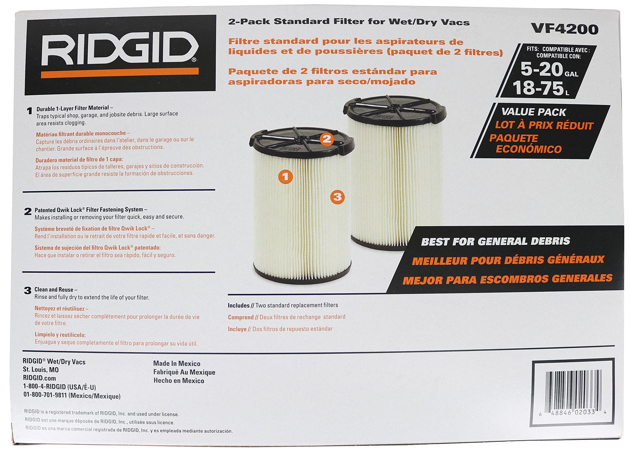 Ridgid VF4200 washable and reusable filter, easy cleaning with water.