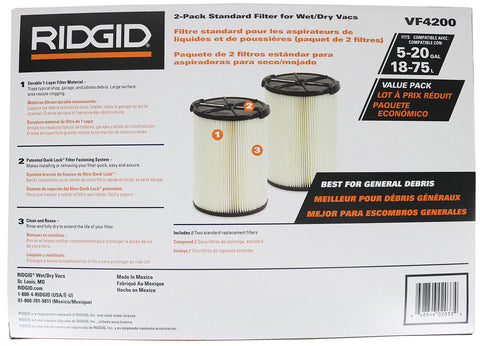 Ridgid VF4200 washable and reusable filter, easy cleaning with water.