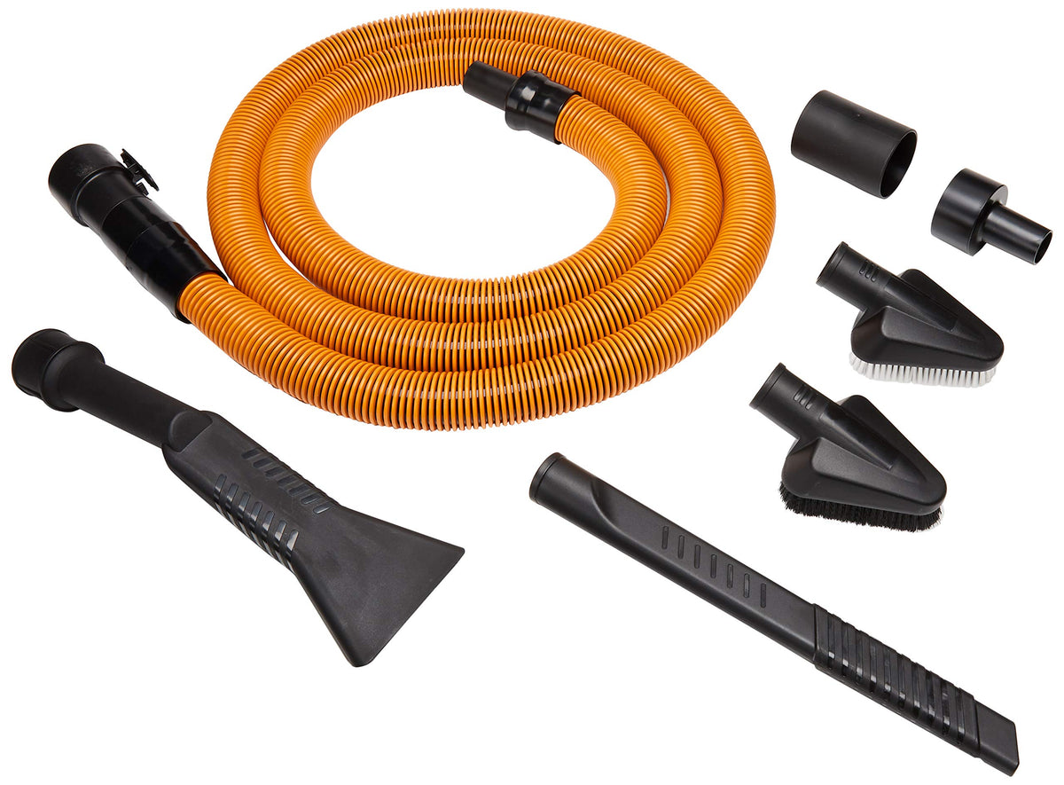 RIDGID VT2534 10-foot dual-layer hose reaches tight car gaps for detail cleaning.