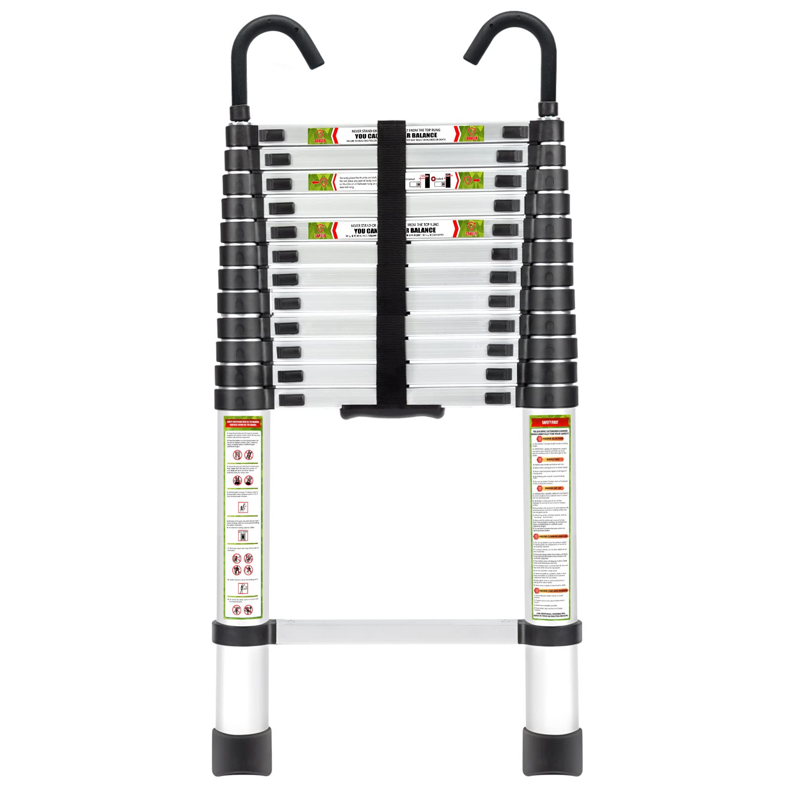 RIKADE telescopic ladder fully extended to reach high shelves safely.