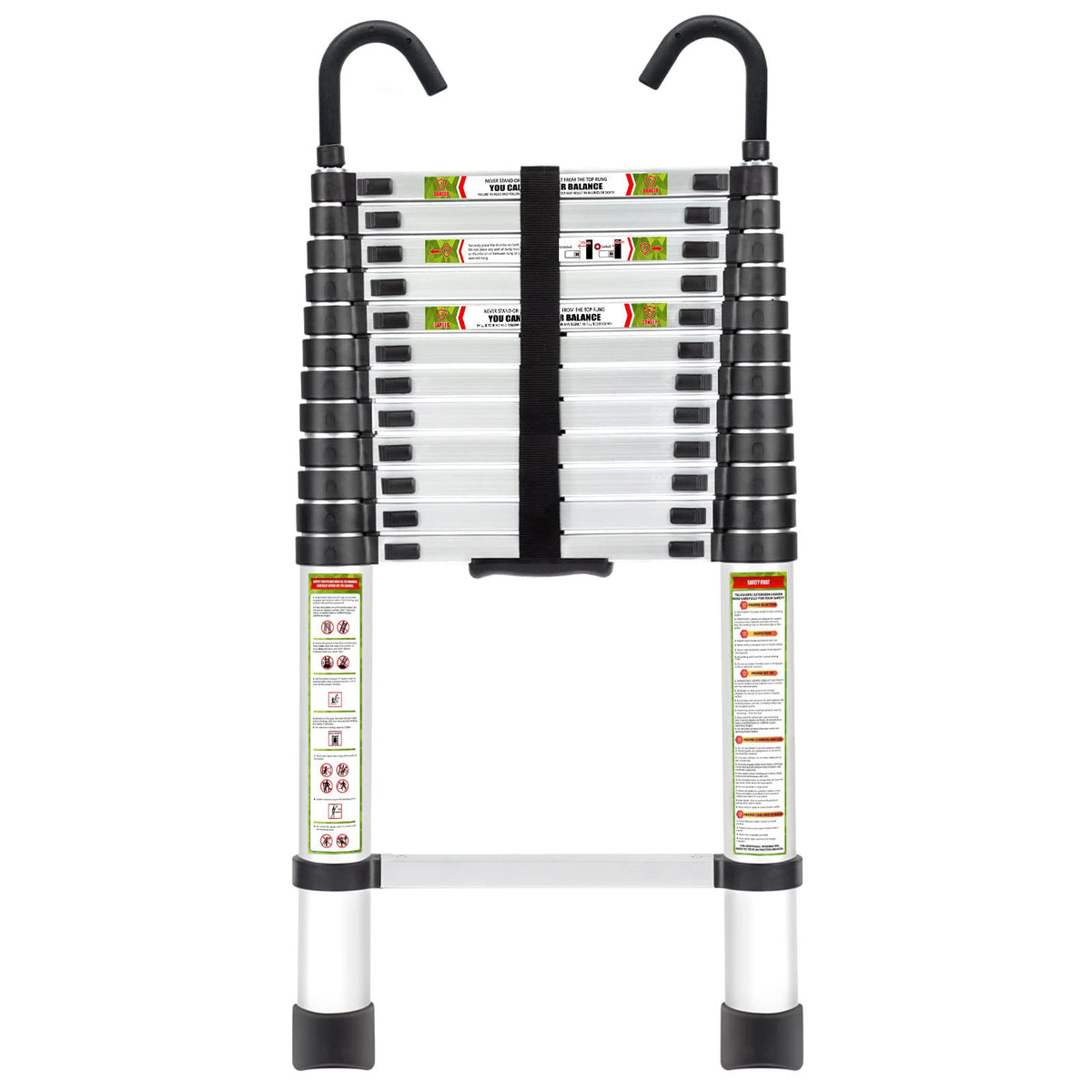 RIKADE telescopic ladder fully extended to reach high shelves safely.