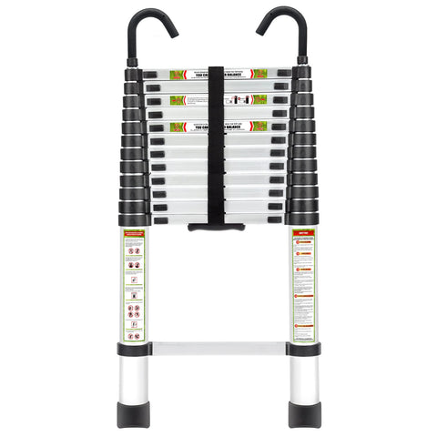 RIKADE telescopic ladder fully extended to reach high shelves safely.