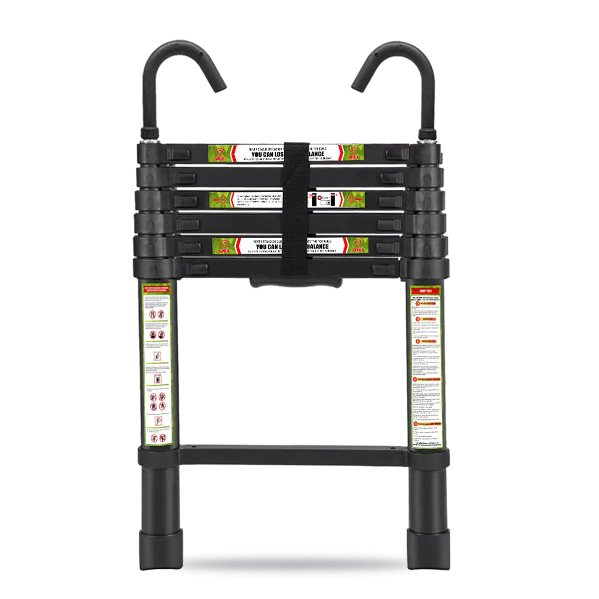 RIKADE telescopic ladder extended to reach high shelves with stability