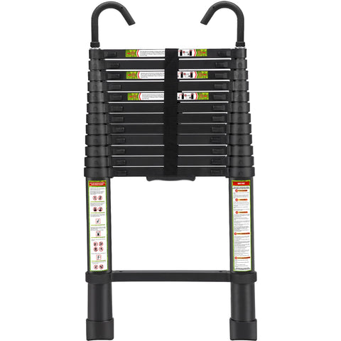 RIKADE telescopic ladder with dual hooks extends safely for indoor use