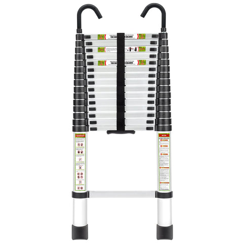 RIKADE telescopic ladder extended to reach high shelves with stable support