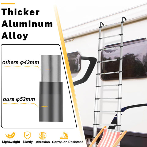 RIKADE telescopic ladder extended to reach high outdoor or indoor spots.