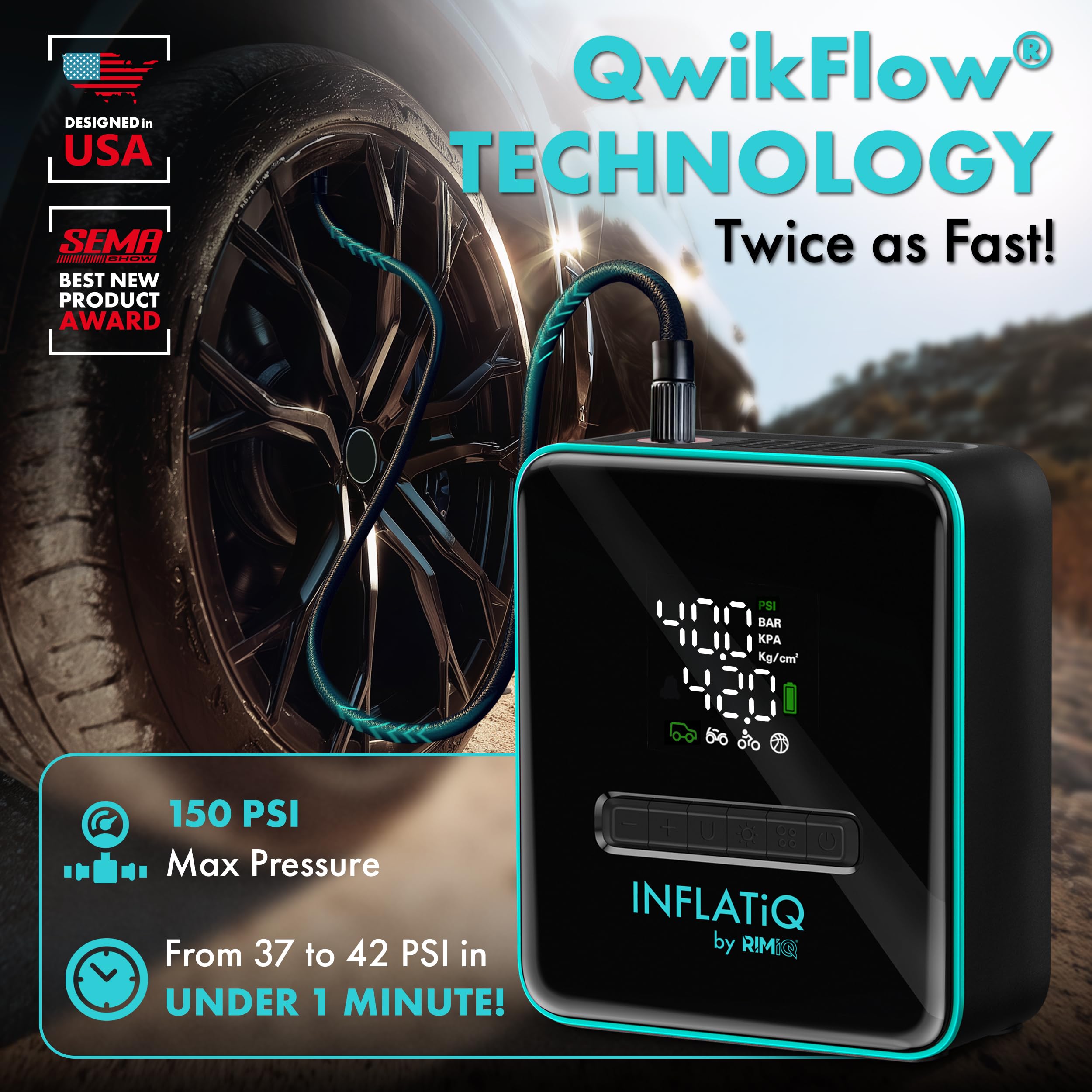 RIMiQ InflatiQ dual-power setup enables battery and plug-in inflation flexibility.