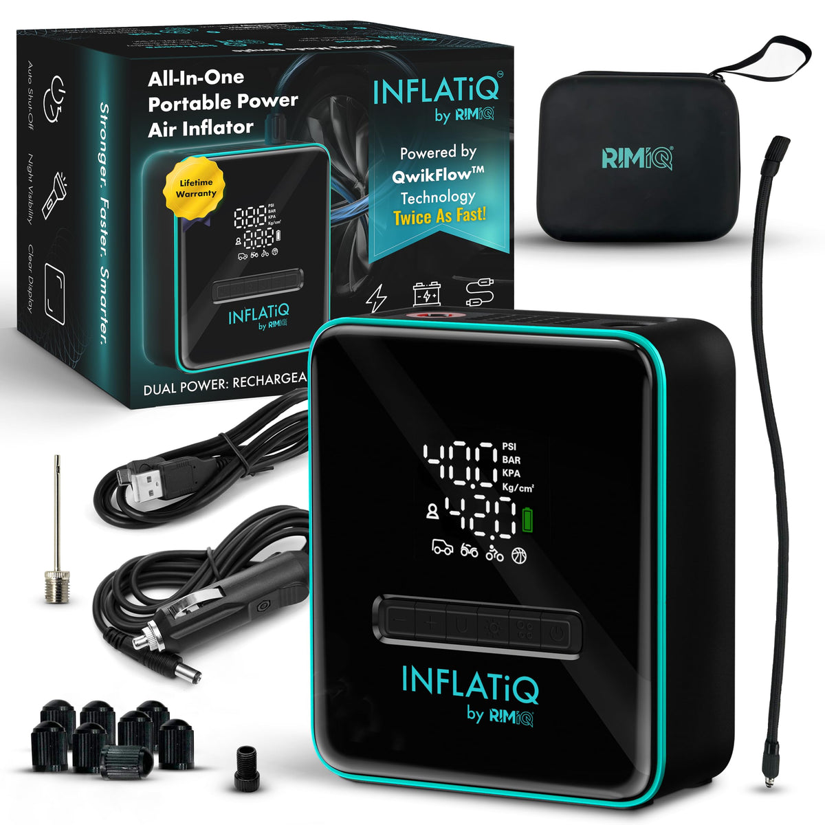 RIMiQ InflatiQ tire inflator shown with compact body for quick on-the-go inflation.