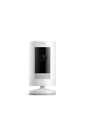 Ring Outdoor Cam Stick Up Cam mounted on wall for weatherproof outdoor surveillance