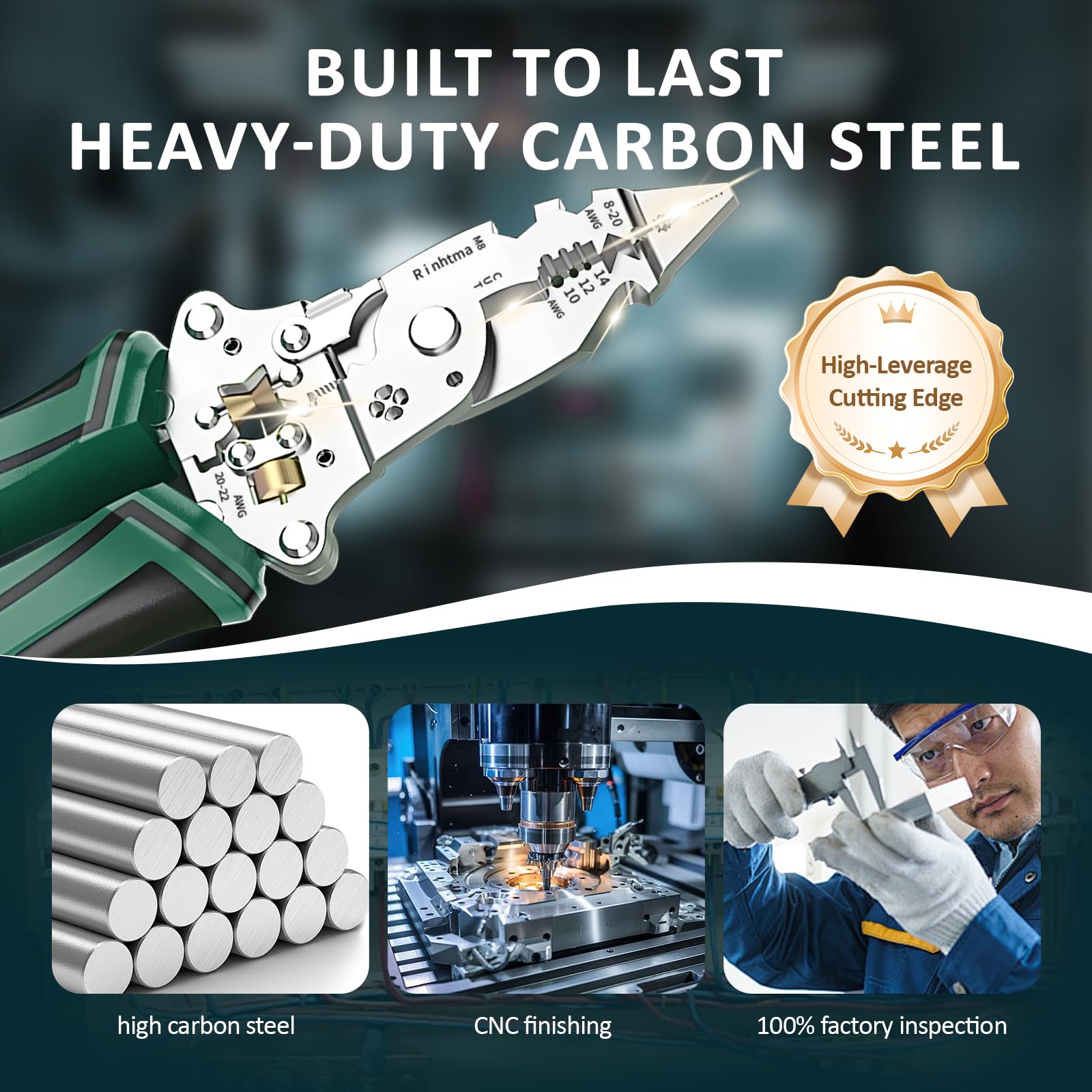 Rinhtma built high-carbon steel jaws deliver clean cuts and reliable crimps