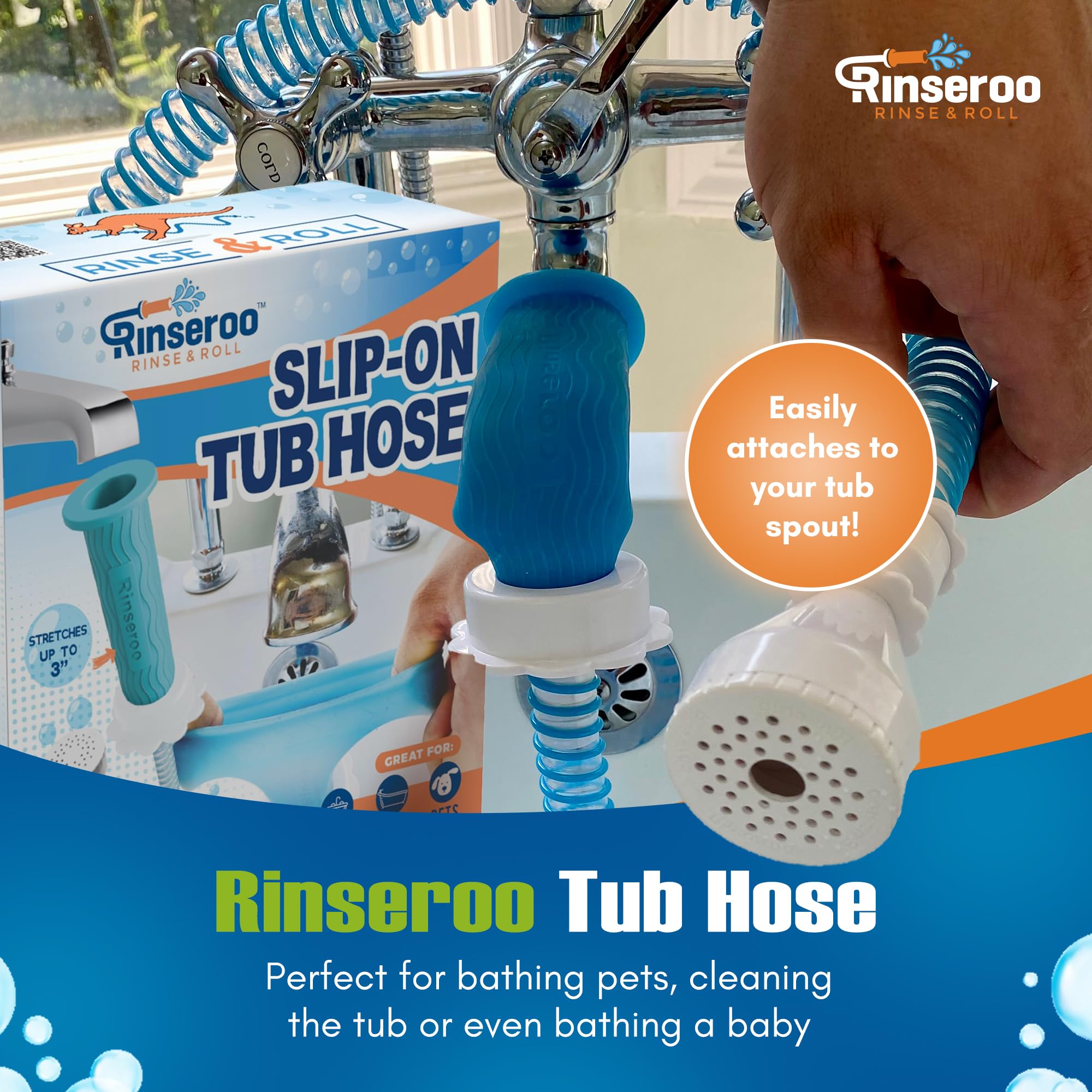 Rinseroo 5ft flex sprayer providing extended reach for pets and cleaning tasks.