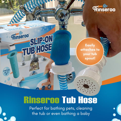 Rinseroo 5ft flex sprayer providing extended reach for pets and cleaning tasks.
