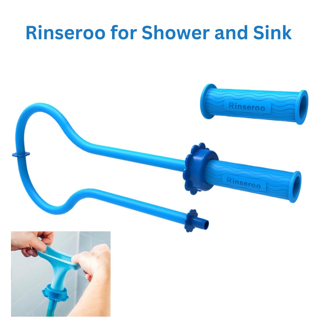 Rinseroo 6-foot hose extends reach to rinse hard-to-reach shower corners.