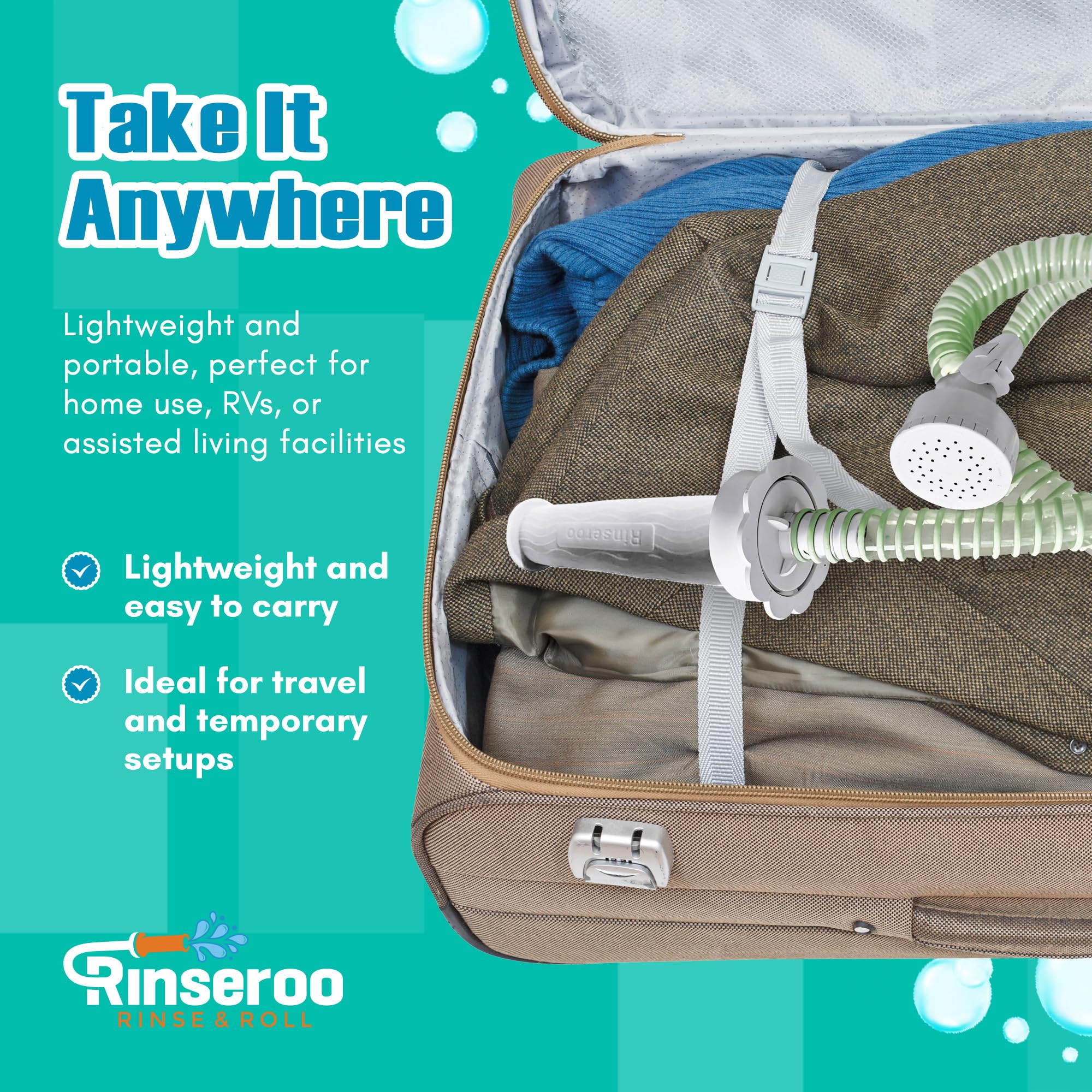 Rinseroo handheld bather converts fixed shower into portable rinse