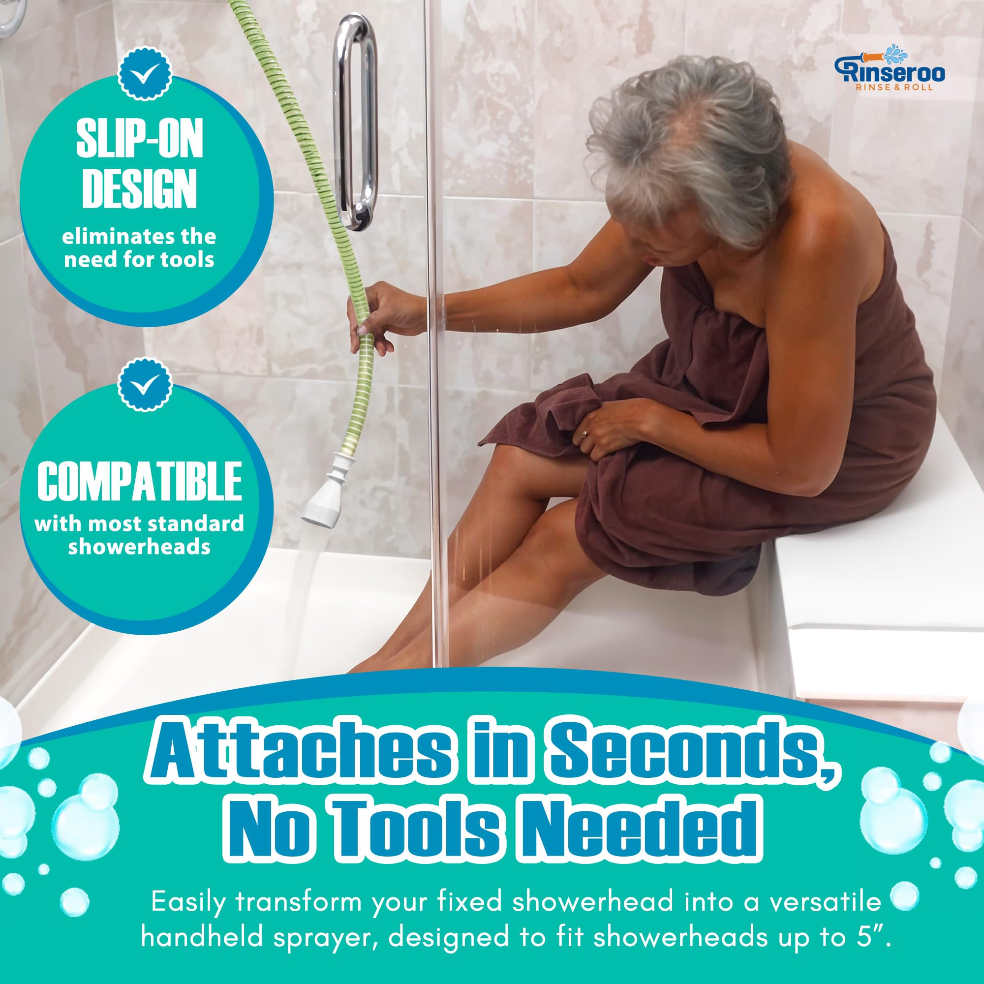 Rinseroo removable extension arm for flexible reach during bathing