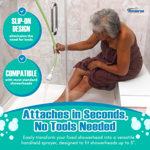 Rinseroo removable extension arm for flexible reach during bathing