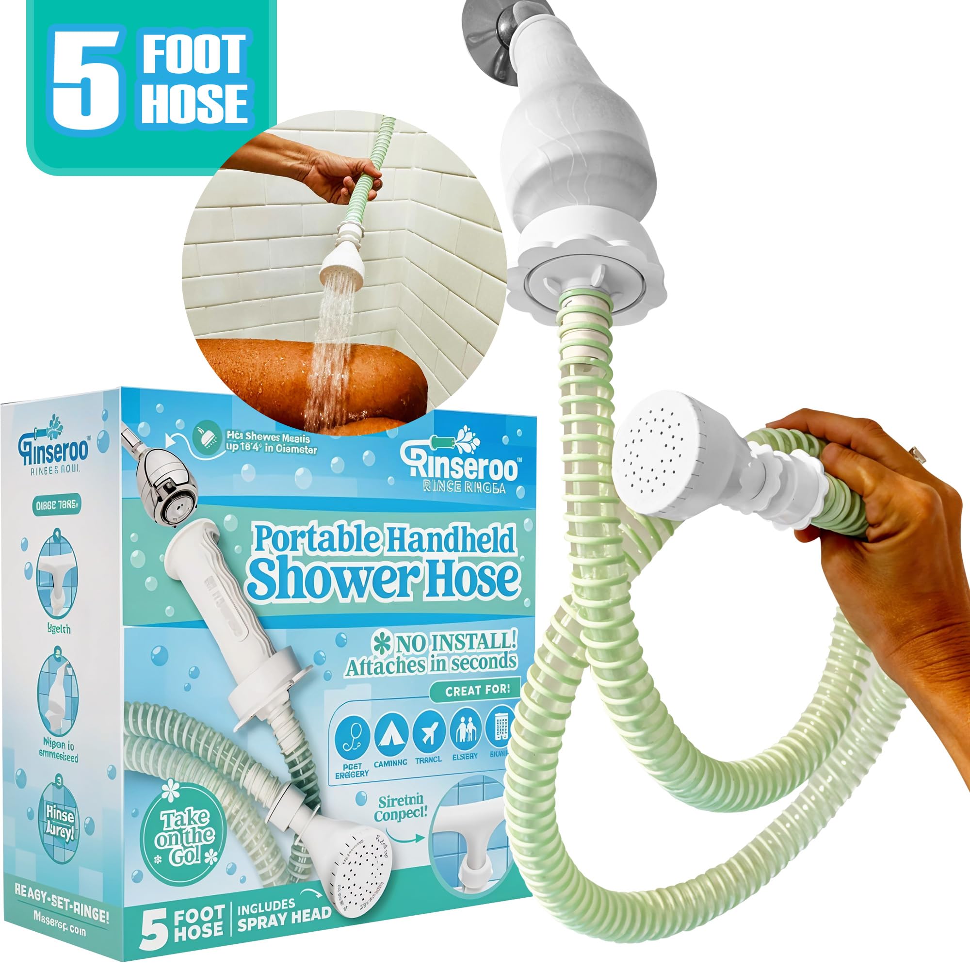 Rinseroo slip-on hose attachment enables seated shower rinsing and control